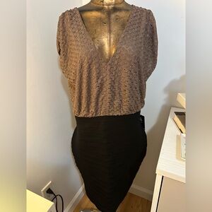 Two-Tone V-Neck Blouson Dress in gold and Black by Express